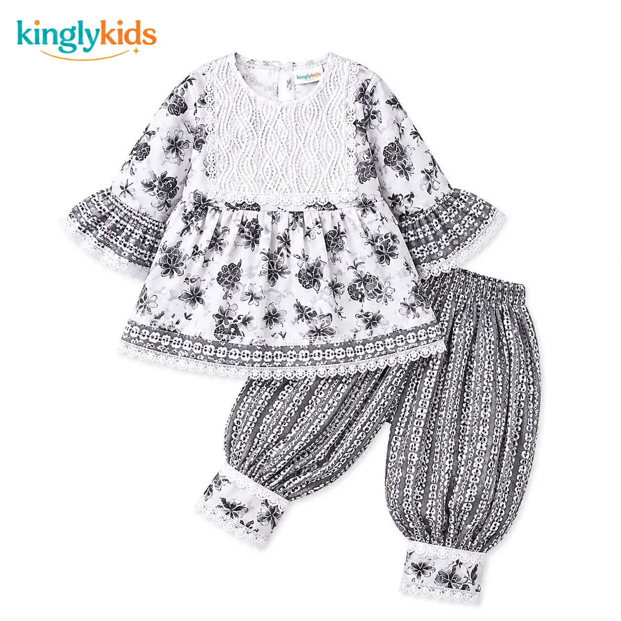 White Floral Embroidered Girls' Outfit