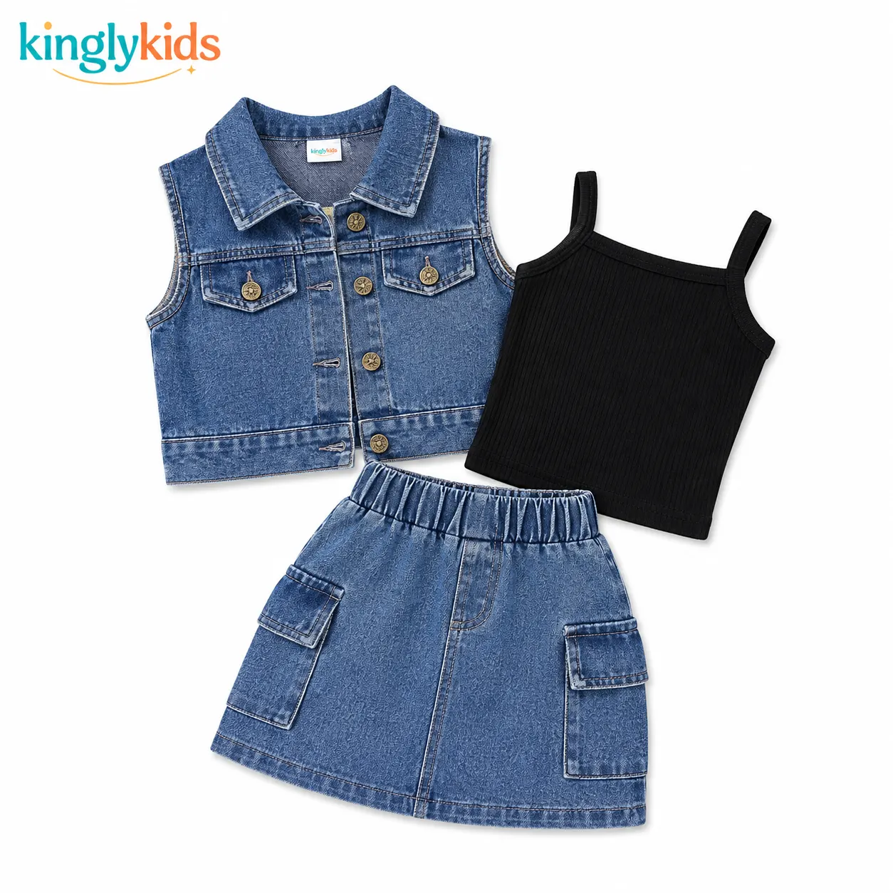Girls Blue Dungaree Style Printed Frock Dress
