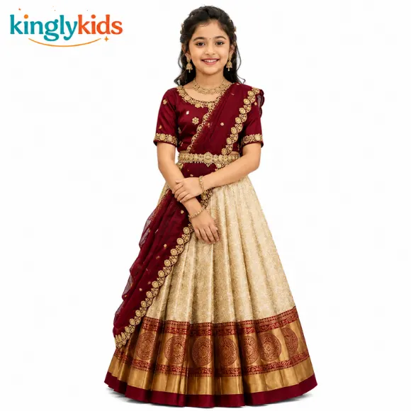 Traditional Jacquard Pattu Pavadai Lehenga Choli for Girls