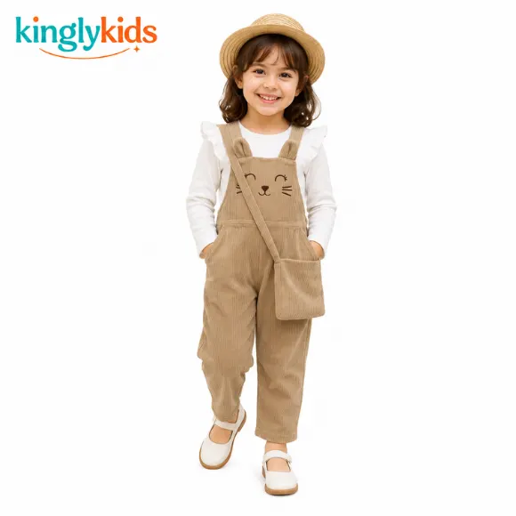 Girls Solid Cotton Dungaree Set with Top & Purse