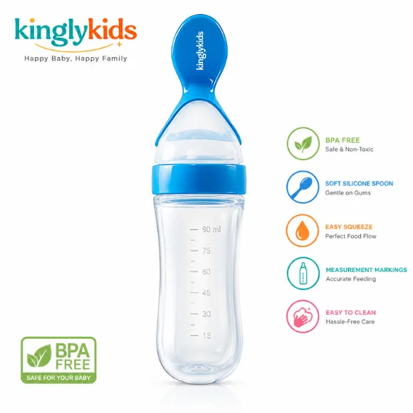  90 ml Silicone Squeezy Baby Food Feeder with Spoon – Blue