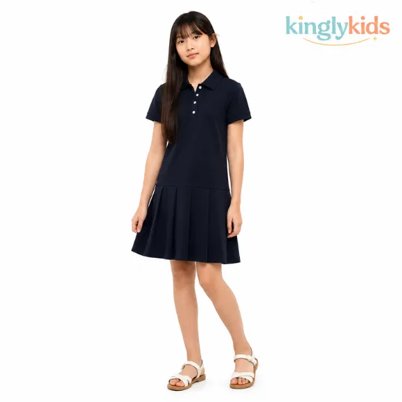 Girls' Pleated Polo Dress in Stretch Cotton