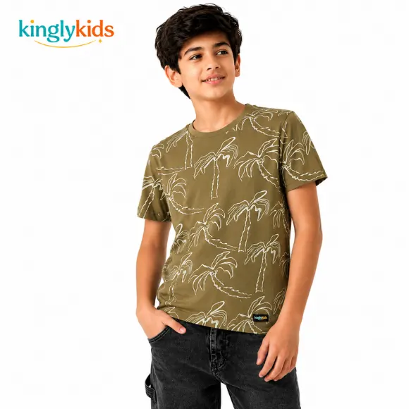 Boys Green Printed Cotton T-Shirt
