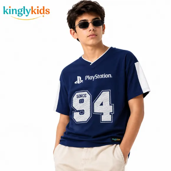 Boys Printed Cotton T-Shirt with V-Neck