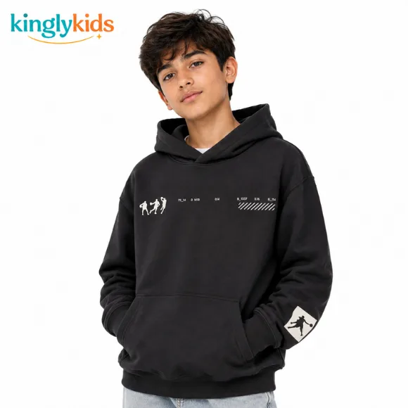  Basketball Print Brushed-Inside Hoodie for Boys