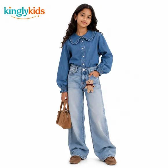 Girls' Cotton Denim Peter Pan Collar Blouse