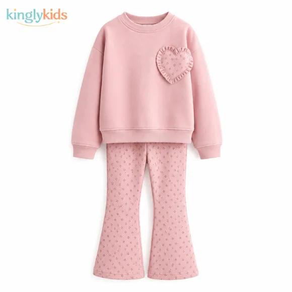 Floral Heart Appliqué Sweatshirt & Flared Leggings Set for Girls
