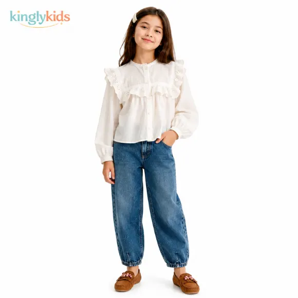 Girls' Cotton Denim Loose Fit Barrel Jeans