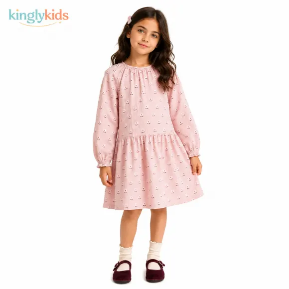 Floral Cotton Muslin Flared Dress for Girls