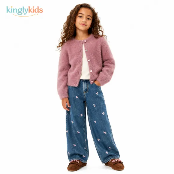 FLORAL EMBROIDERED WIDE-LEG COTTON JEANS FOR GIRLS