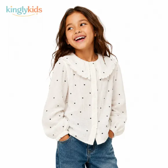 Ivory Heart Print Cotton Muslin Blouse for Girls