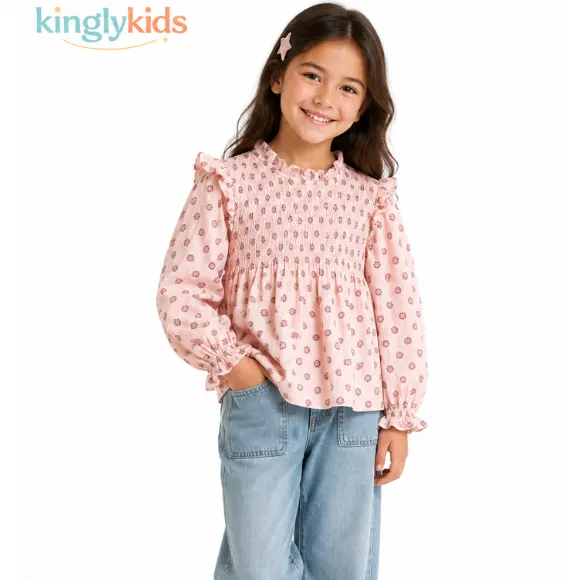 Smocked Cotton Blouse with Long Sleeves for Girls
