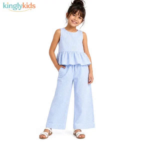 Cotton Seersucker 2-Piece Summer Outfit Set for Girls