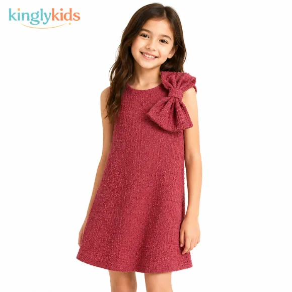 Girls Bow Detail Shift Dress in Soft Pink