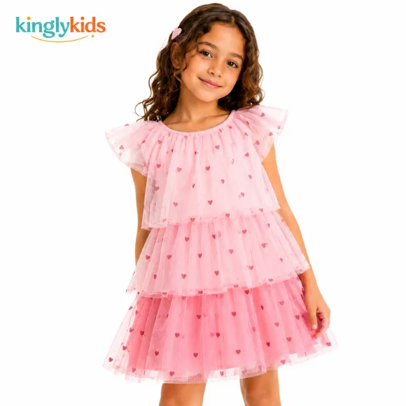 Girls Tiered Tulle Party Dress with Flared Skirt