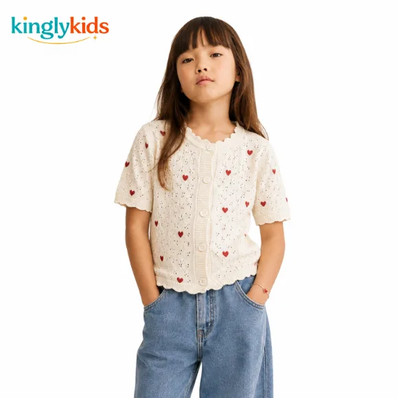 Soft Knit Short-Sleeve Button Cardigan for Girls