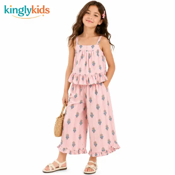 Girls Cotton Frill-Trim Co-Ord Set with Strappy Top & Bottom