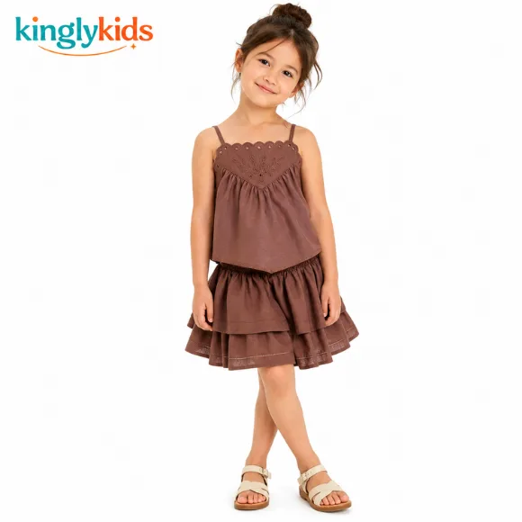 Embroidered Cotton Top & Skirt Set for Girls