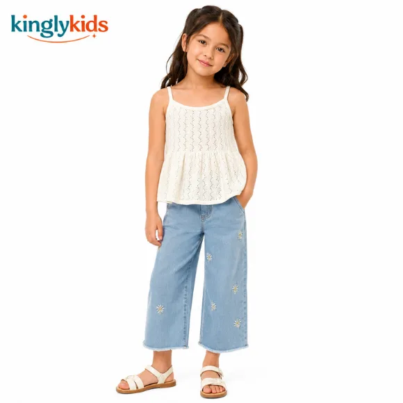 Girls Cotton Pointelle Knit Strappy Top