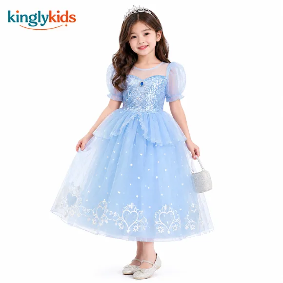  Girls Embellished Tulle Dress with Puff Sleeves