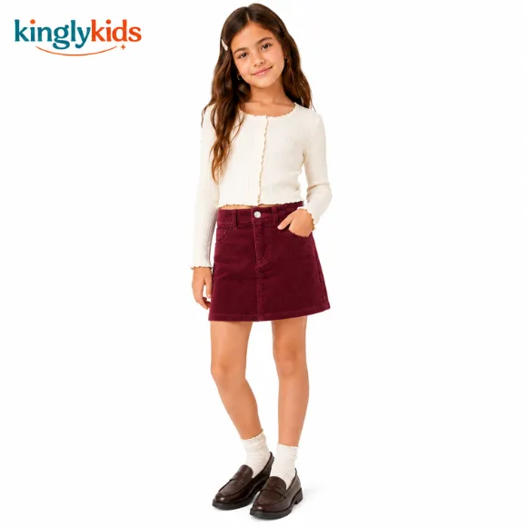 Girls Cotton Corduroy A-Line Skirt with Adjustable Waist