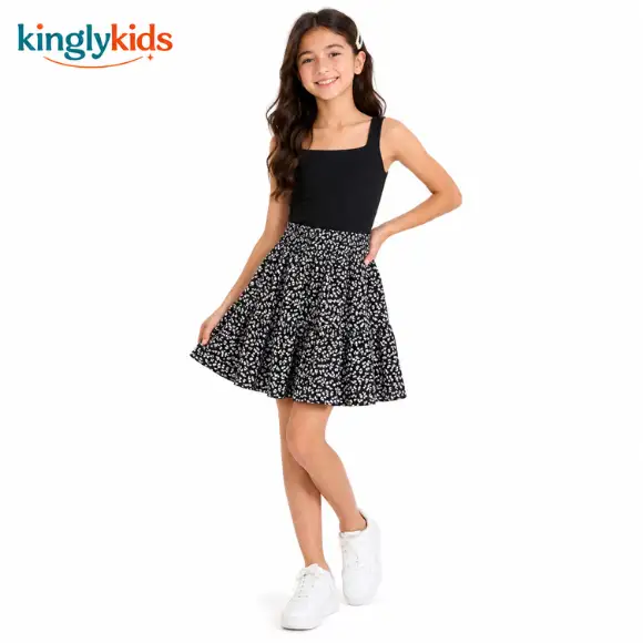  Floral Printed Fit & Flare Dress with Square Neck for Girls