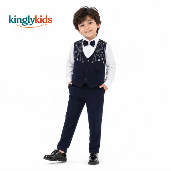 Boys Embellished Three-Piece Party Suit with Bow Tie