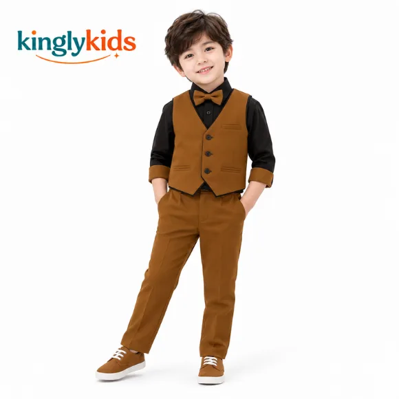 Boys Cotton 4-Piece Party Suit Set with Shirt, Waistcoat, Trousers & Bow Tie