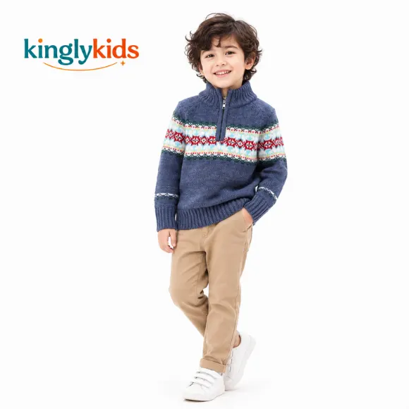 Boys Front-Open Winter Sweater with Mock Collar