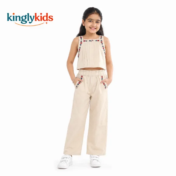 Girls Embroidered Cotton Blend Crop Top with Trousers Set