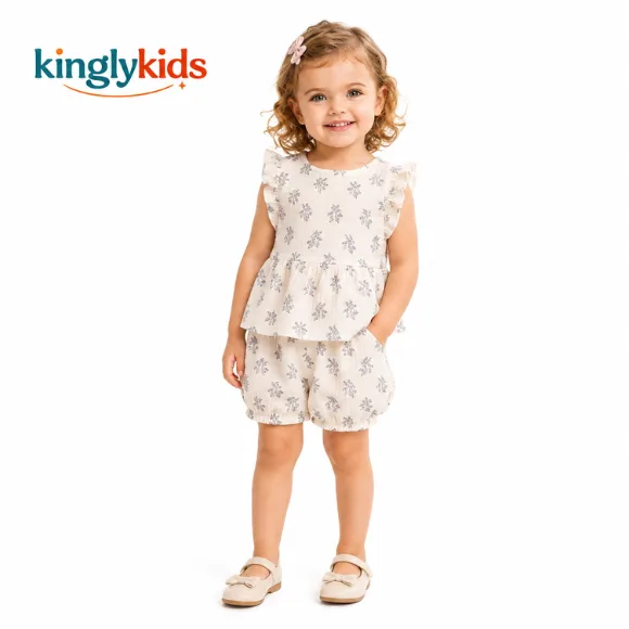 Girls Printed Cotton Blend Top with Shorts Set