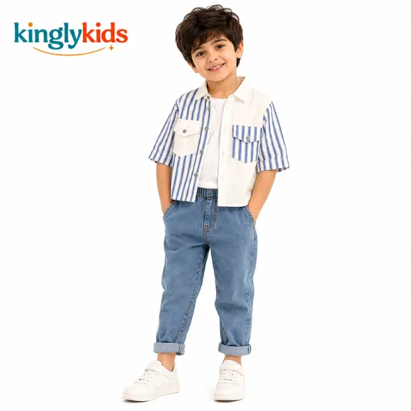 Boys Striped Cotton Shirt & Trousers Set