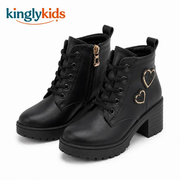 Girls Black Block Heeled Ankle Boots