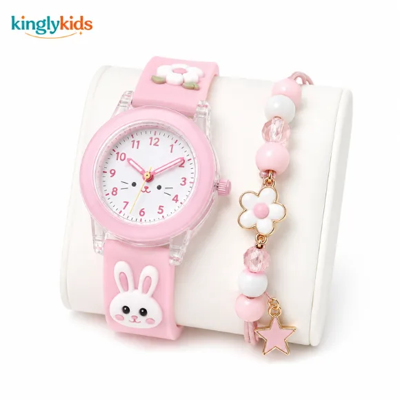 Bunny Dial Analogue Watch with Beaded Bracelet Set for Girls